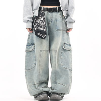 原创美式水洗大口袋工装牛仔裤潮