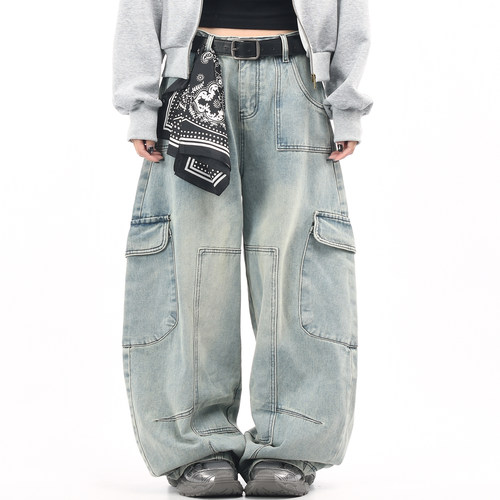 原创美式水洗大口袋工装牛仔裤潮