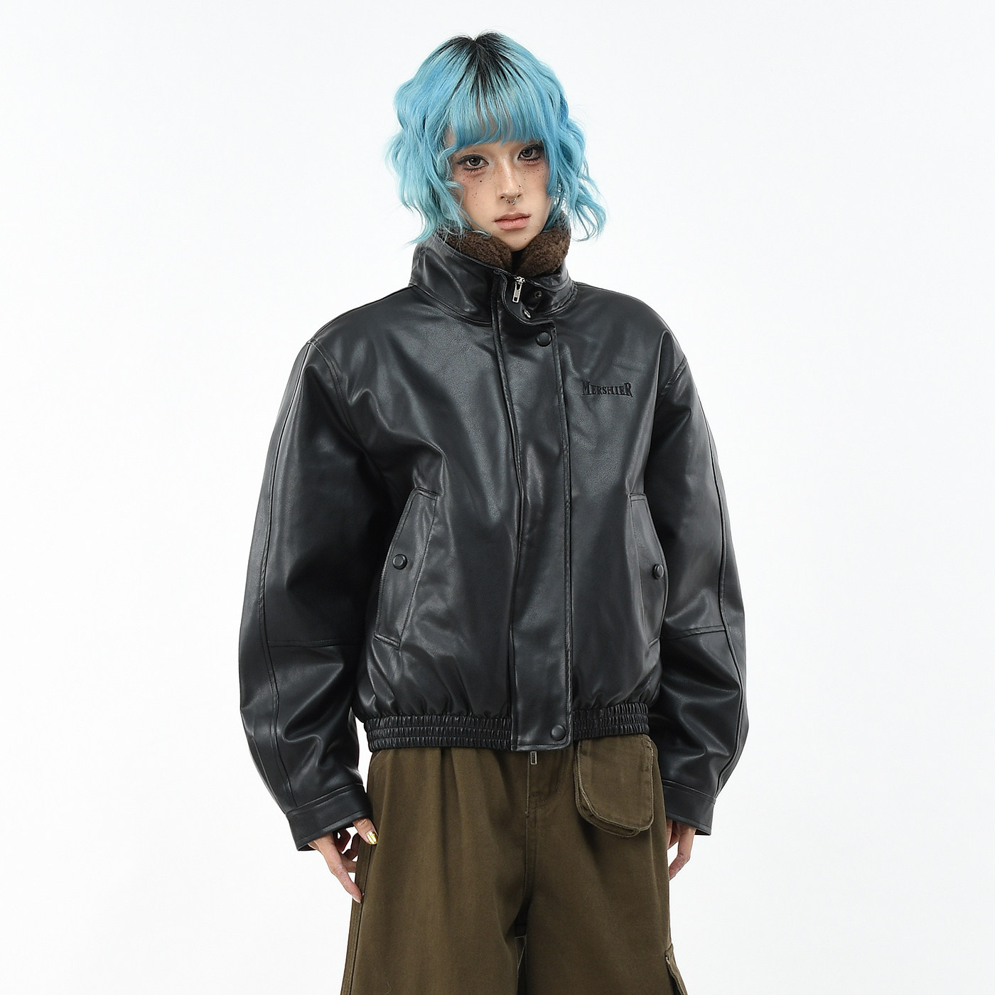 原创美式机车风PU皮短款棉服外套