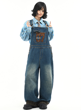 OV原创美式复古水洗做旧直筒牛仔背带裤女秋季宽松阔腿连体长裤潮