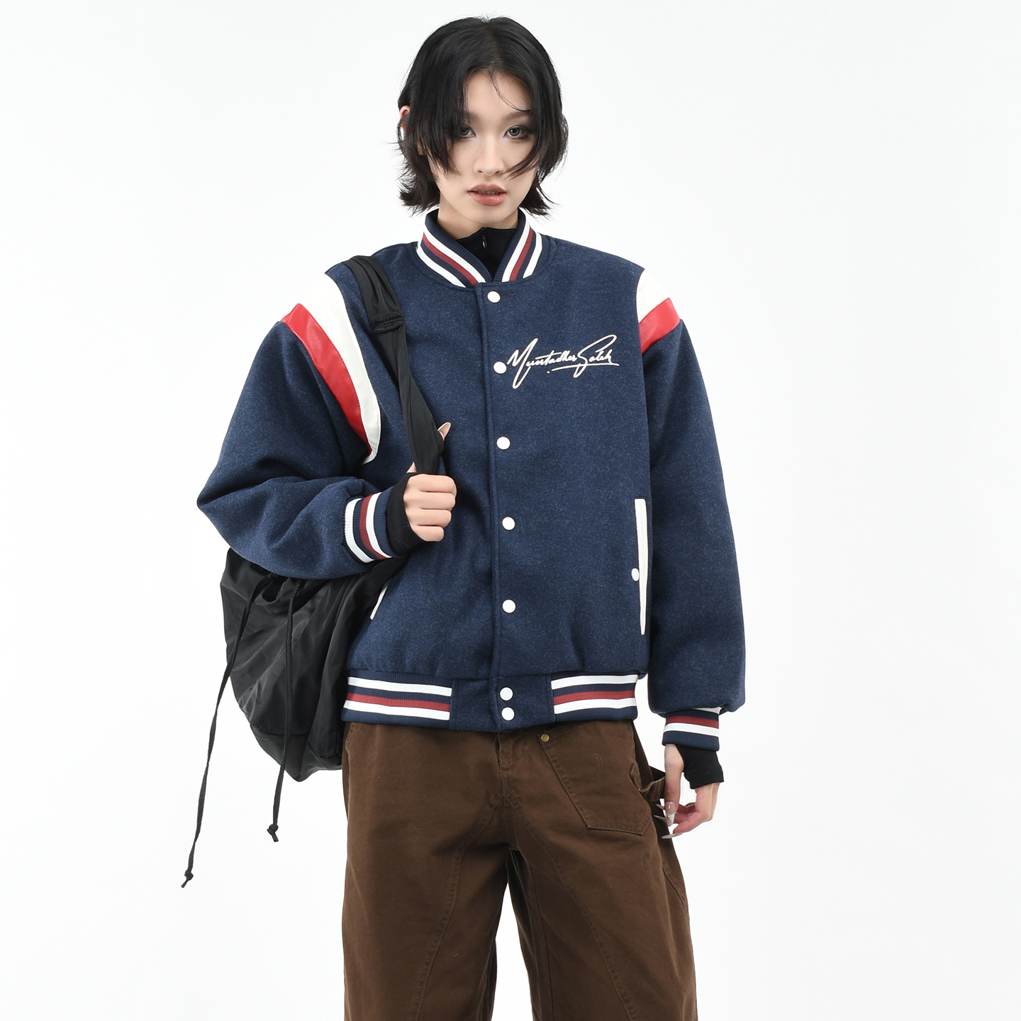 原创美式复古撞色刺绣棒球棉服潮