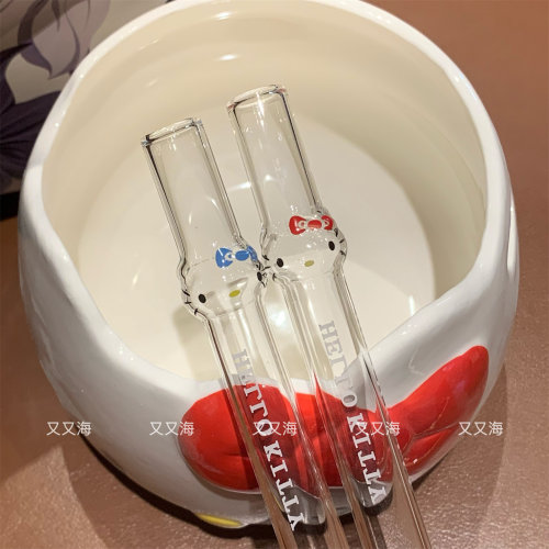 【又又海】可爱卡通少女心kitty高硼硅玻璃耐热吸管高颜值粗吸管