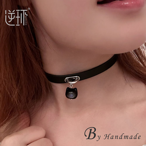 逆环黑曜石猫猫头真皮手工项圈