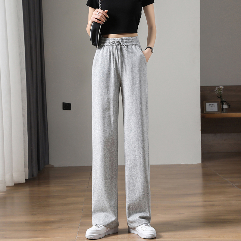 灰色阔腿裤女夏季薄款高腰垂感休闲运动裤小个子宽松拖地直筒裤子