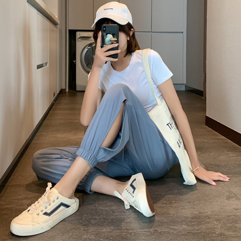 冰丝运动裤女夏季薄款宽松束脚灯笼裤八分小个子开叉百搭休闲卫裤