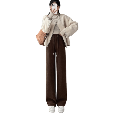 羊羔绒窄版阔腿裤女加绒直筒裤子