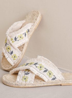 原创民国风拖鞋女外穿平底一脚蹬休闲百搭亚麻绣花鞋办公室懒人鞋