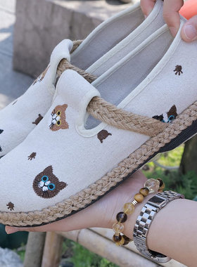 新中式国风平底老北京布鞋女平跟中国风亚麻软底舒适汉服鞋一脚蹬