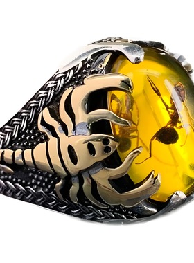 新款跨境昆虫戒指 欧美时尚复古镶嵌黄色锆石蚂蚁蝎子指环戒指男