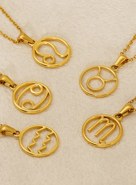 跨境新款时尚钛钢项链十二星座个性镂空吊坠十字链时尚设计男女款