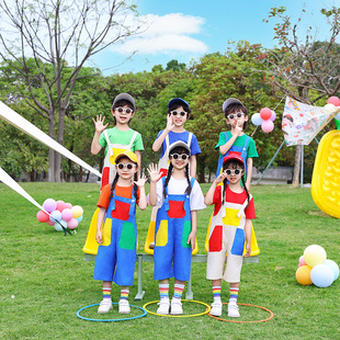 六一儿童演出服啦啦队小学生运动会服装 班服 幼儿园可爱彩色背带裤