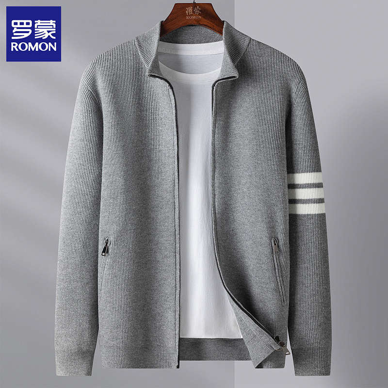 罗蒙加厚撞色白条拉链针织开衫
