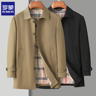 罗蒙商务外套夹克内里格纹印花休闲爸爸装翻领行政中长款风衣男士