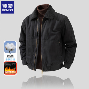 罗蒙秋冬保暖纯棉外套仿羊羔绒毛领加绒夹克男士 夹棉翻领棉衣棉服