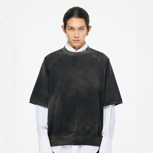 vintage重磅复古做旧短袖 上衣美式 圆领卫衣 set针织拉克兰袖 Blank