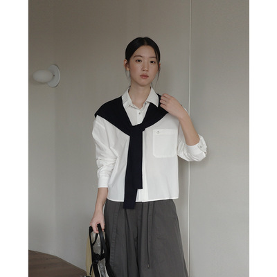 EVERTRUE 2026春季新款韩版短款宽松纯棉衬衫上衣衬衣配披肩61907