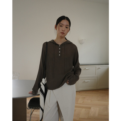 EVERTRUE 羊毛连帽抽绳针织卫衣女装春季韩版长袖宽松上衣35308