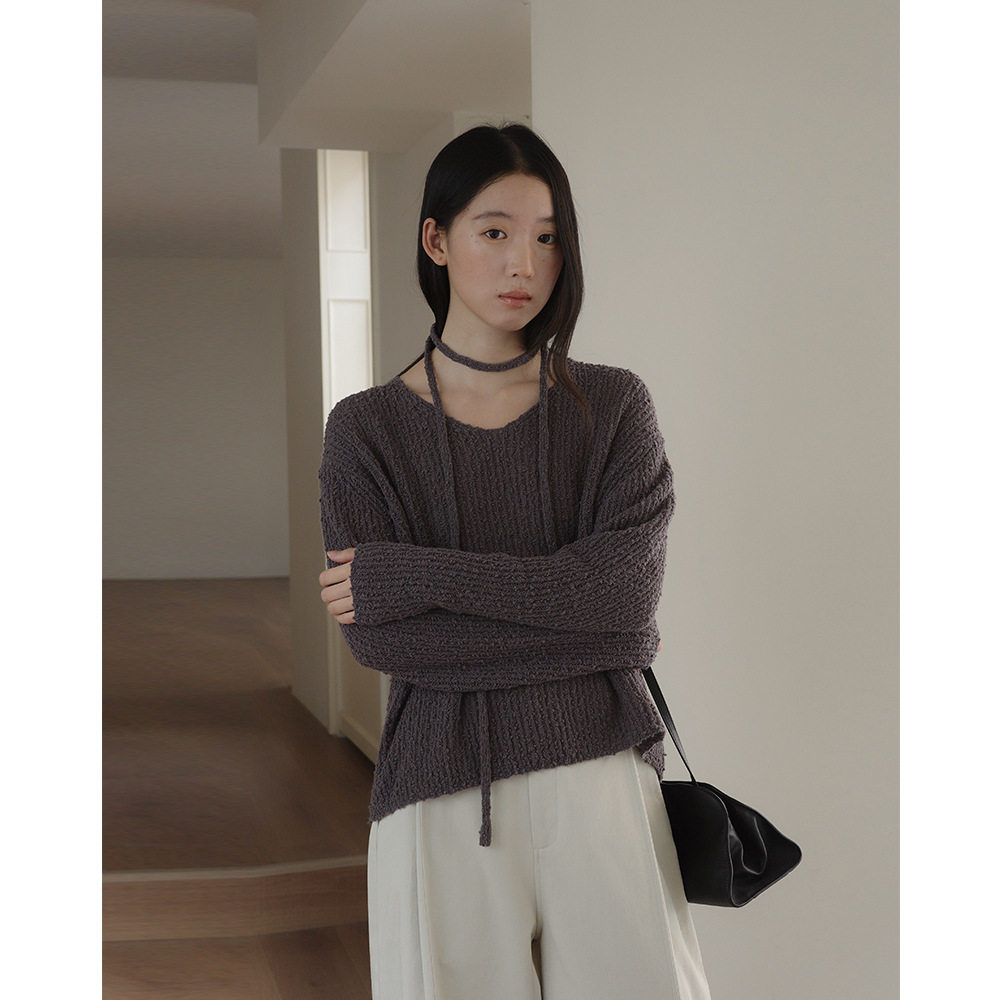 EVERTRUE 2026春季韩版V领针织毛衣女装系脖子长袖外套上衣35302