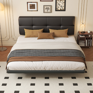 悬浮床超薄床头主卧真皮床现代简约小户型奶油风软包可调节双人床