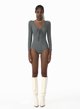 KAMENCAT法式高级灰色泳衣女连体长袖防晒高级感简约露背温泉度假