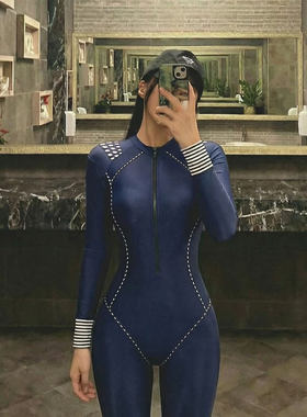 KAMENCAT海军风连体游泳衣女2026新款长袖长裤防晒运动冲浪潜水服