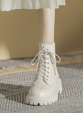 品牌断码清仓真皮马丁靴女2025秋冬白色短靴款英伦风厚底加绒靴