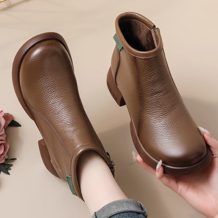全牛皮真皮妈妈鞋短靴女2025秋冬
