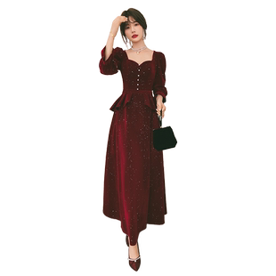 冬天敬酒服新娘长袖丝绒订婚2025新款回门红色结婚礼服裙女秋冬季