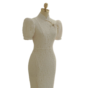 白色蕾丝鱼尾敬酒服新娘轻婚纱旗袍订婚结婚晚礼服女高级中式出门