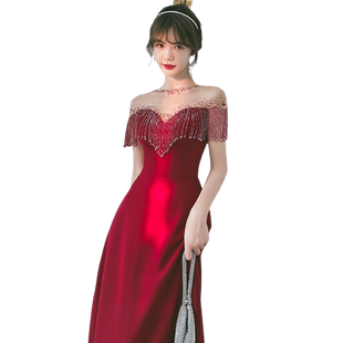 新娘敬酒服夏季结婚流苏订婚连衣裙一字肩礼服裙红色小个子高级感