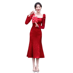 敬酒服新娘长袖平时可穿订婚连衣裙红色礼服裙冬2026回门便装秋冬