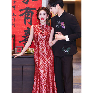 红色敬酒服新娘旗袍高级感轻奢中式订婚礼服蕾丝晨袍女鱼尾连衣裙