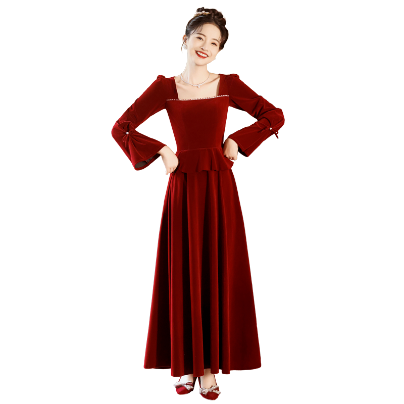 长袖敬酒服新娘订婚丝绒连衣裙酒红色结婚晚礼服女秋冬季2025新款