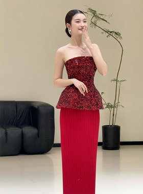 红色抹胸晚礼服裙轻奢高端小众订婚敬酒服新娘结婚便装高级感鱼尾