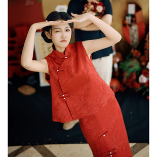 回门订婚礼服红色旗袍小个子夏 敬酒服新娘结婚便装 新中式 国风套装