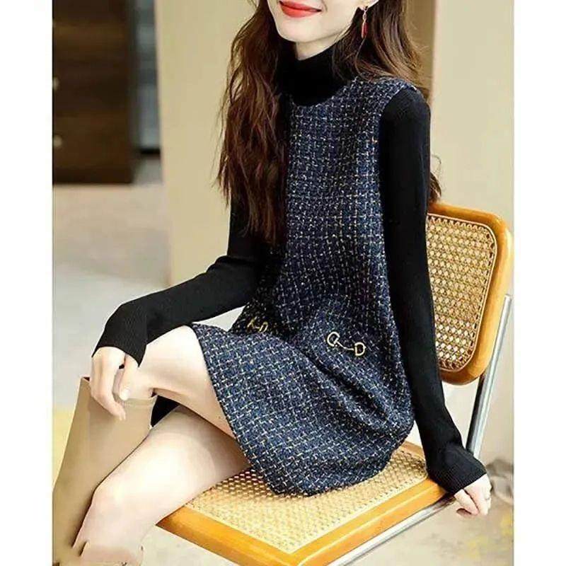 秋冬小香风修身圆领粗花呢遮肉背心裙轻奢法式背心裙修身连衣裙女