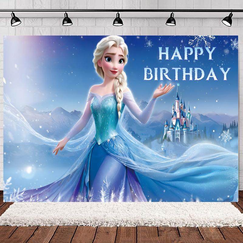 冰雪奇缘主题生日海报定制名字画布女孩周岁生日布置爱莎安娜背景