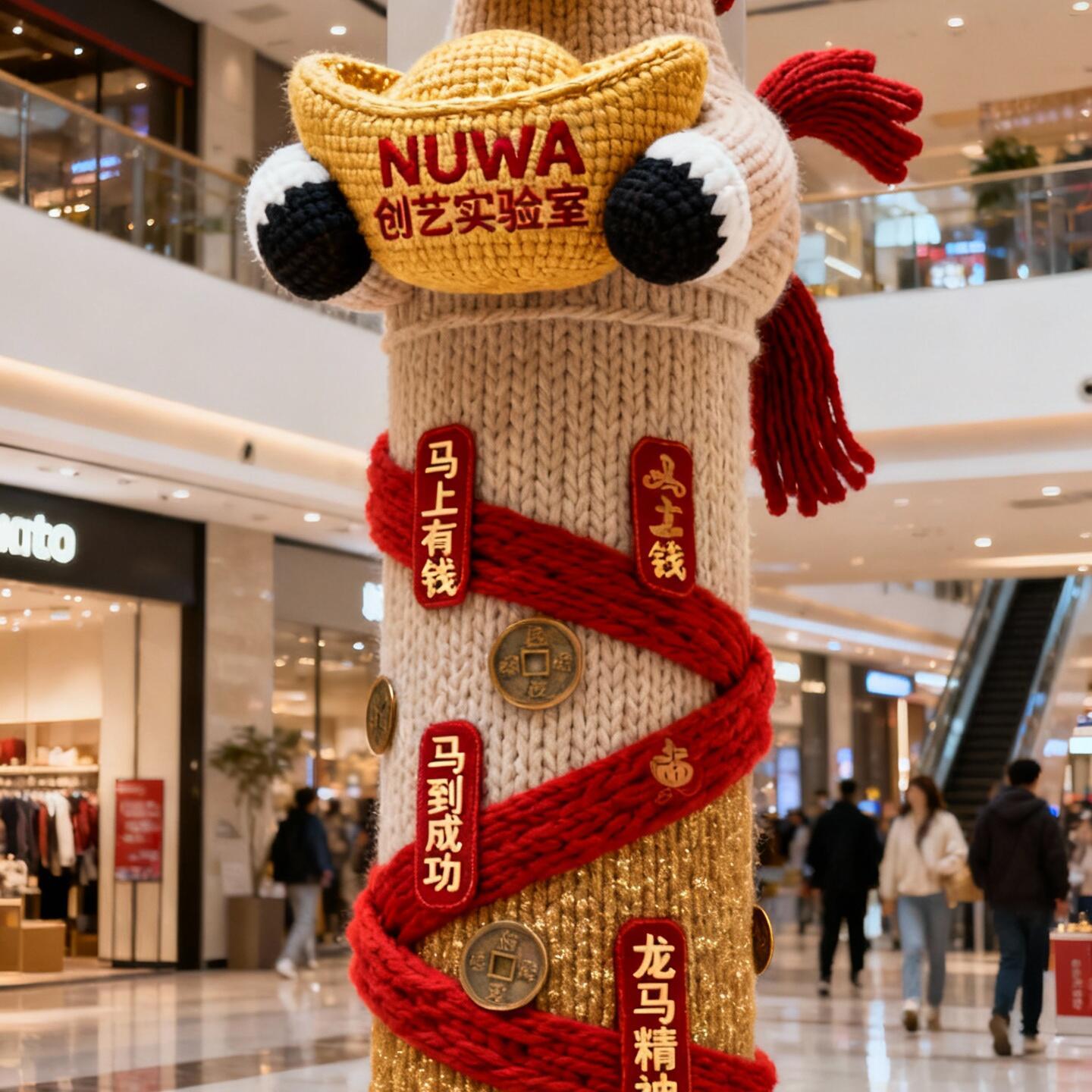 给大树穿衣手工编织财神柱装饰品