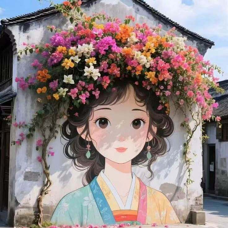 网红仿真花小女孩立体打卡花墙蔷薇月季拍照墙绘装饰头像假花造景
