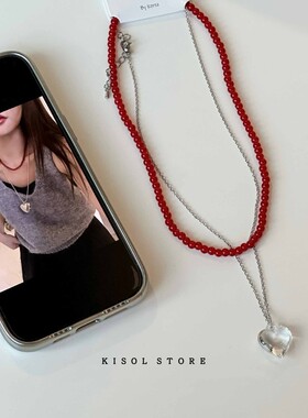 KISOL百搭红色串珠透明爱心项链~