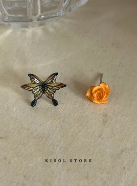 枯叶蝶！ins秋冬复古个性百搭不对称银针耳钉蝴蝶玫瑰养耳洞耳环~