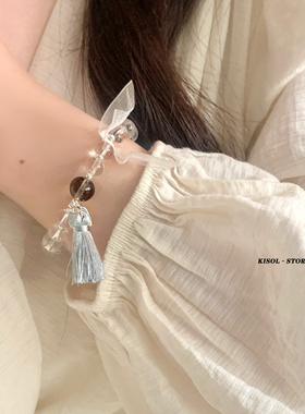 「茶歇风」清冷感蓝色流苏透明白水晶手串女ins小众夏日串珠手链~