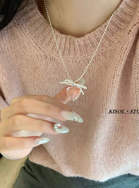 「温柔甜心」韩国ins珍珠蝴蝶结透明爱心串珠项链小众设计锁骨链~