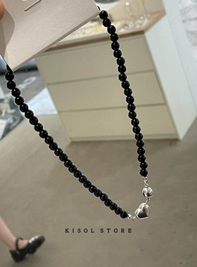 韩系欧尼！韩国东大门reina新款黑色串珠珍珠爱心磁吸扣项链颈链~