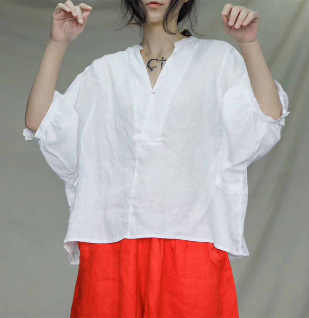 以太女文艺简约亚麻半袖V领T恤衫女夏宽松大码短款蝙蝠娃娃衫上衣