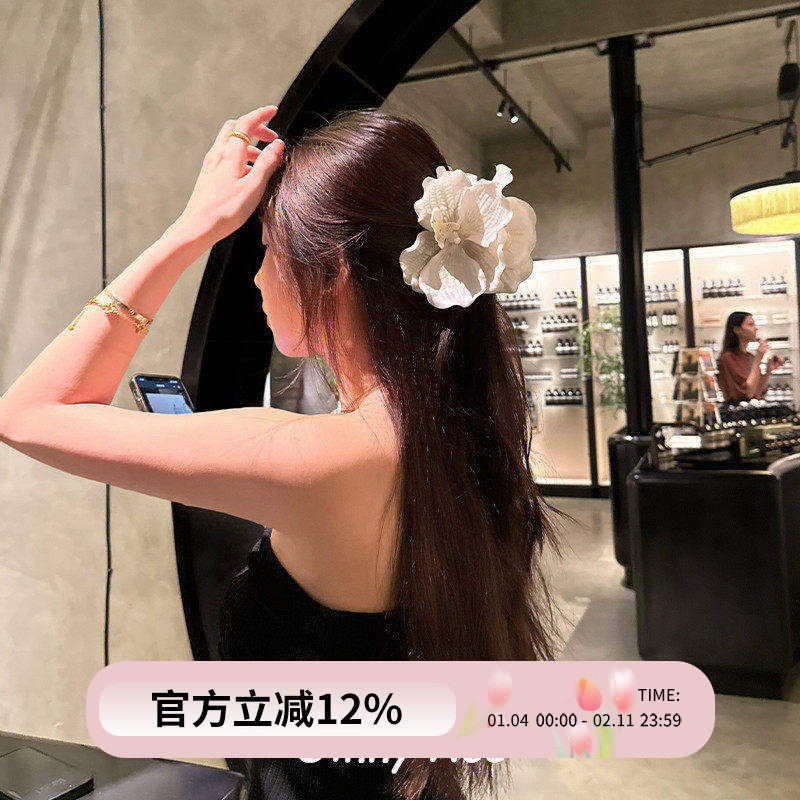 现货高级版~欧阳娜娜白色蝴蝶兰花朵抓夹香蕉夹ins鲨鱼夹度假头饰