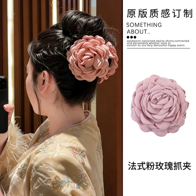 春夏caro同款法式粉色玫瑰花朵抓夹立体盘发鲨鱼夹大号头花发饰女
