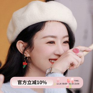 奶白色贝雷帽女秋冬保暖羊毛呢八角帽大头围显脸小复古百搭画家帽