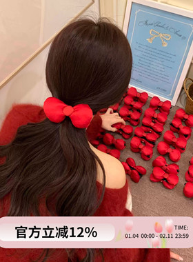 新年红色kitty蝴蝶结香蕉夹2026新款可爱喜庆海绵盘发马尾夹竖夹