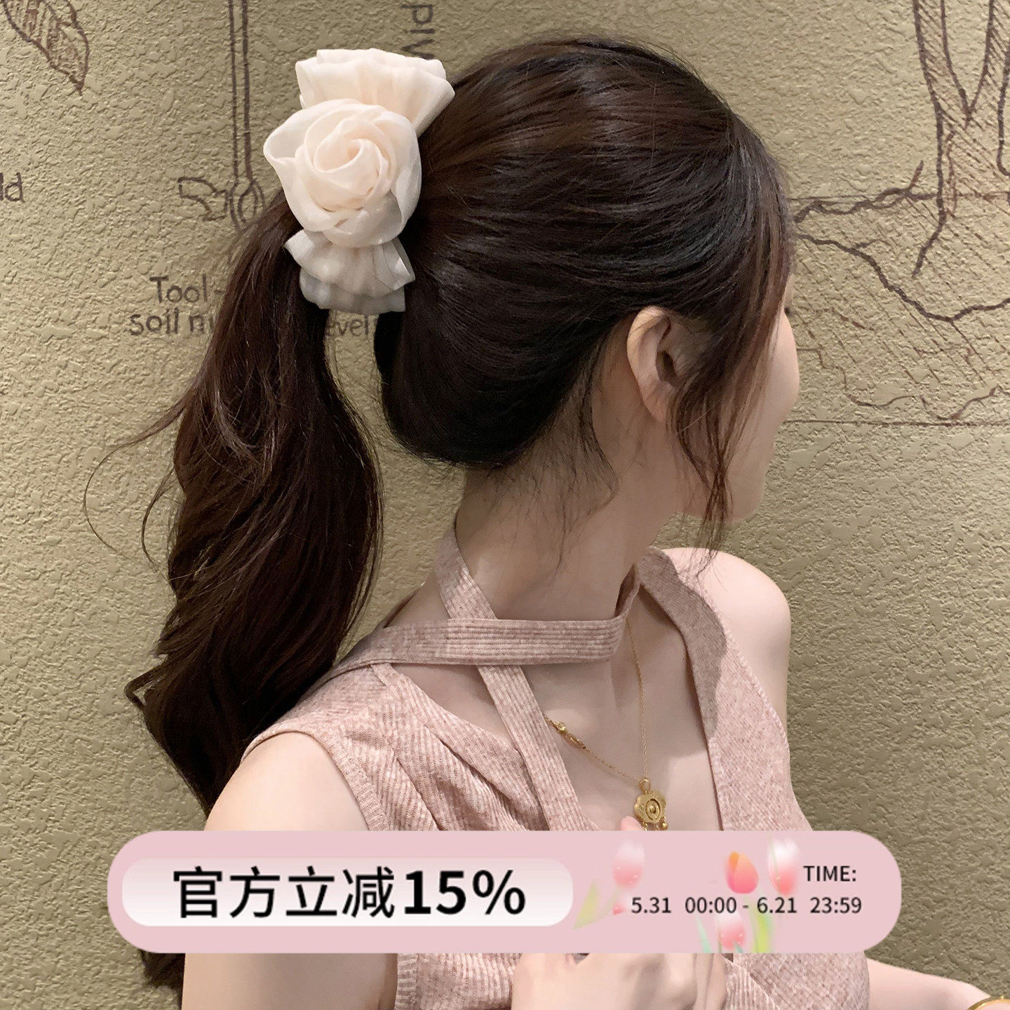 韩国vintage~温柔玫瑰纱纱！双面花朵蝴蝶结香蕉夹盘发竖夹子头饰